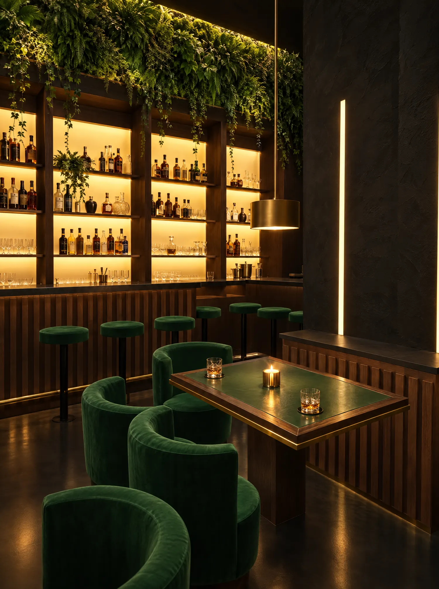 Le bar de la Secret Room, velours vert et mur végétal