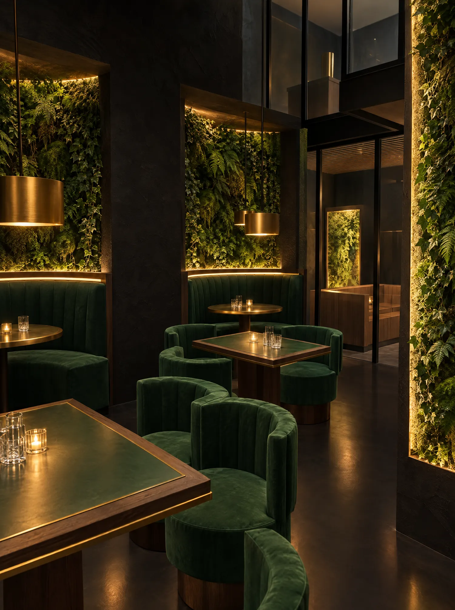 Les fauteuils de velours et les tables de cuir vert