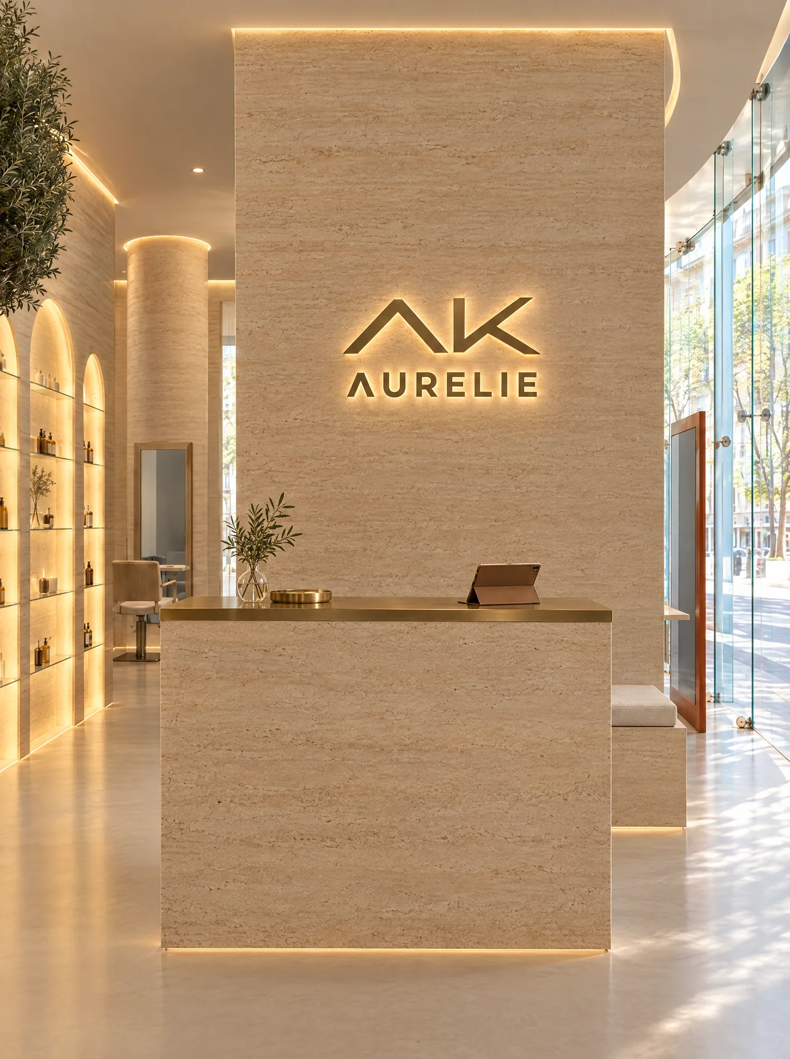 דלפק הקבלה של הסלון: הלוגו AK AURELIE מפליז מואר, מעל דלפק הטרוורטין