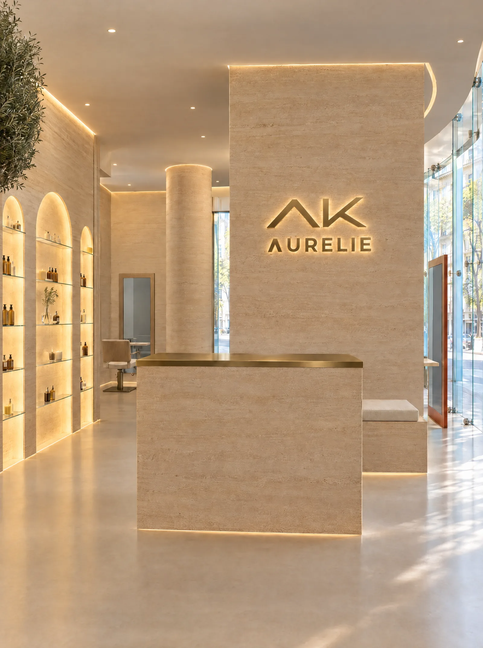 סלון AK Coiffure: הקבלה, הלוגו AK AURELIE והגומחות המוארות