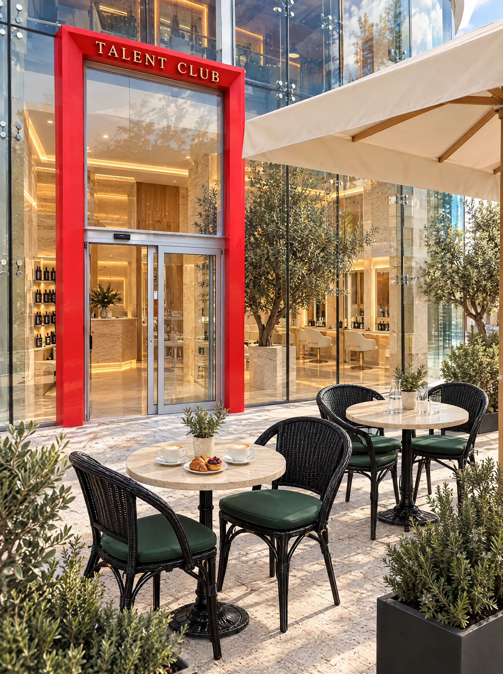 Des cappuccinos sur une table de la terrasse, devant le portail rouge